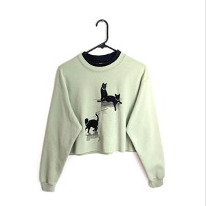 Y2K Green/Black Cats Grunge Cropped Crew Neck Oversized Sweatshirt